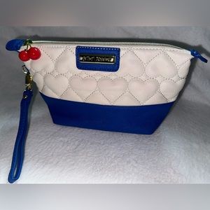 Betsey Johnson Pouch in Blue & White w/ Stitched Heart Design & Cherry C…